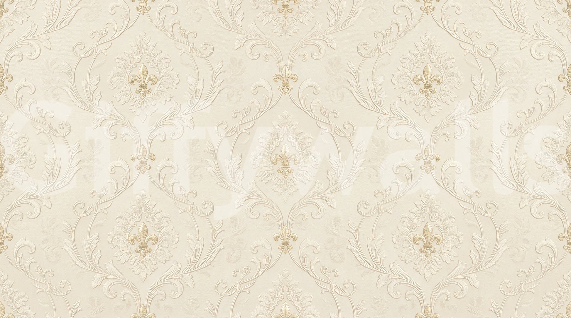 Scrollwork floral mural with neutral tones and detailed repeat