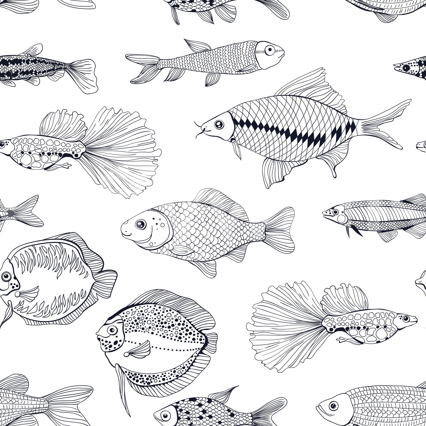 Ocean Line Art Wallpaper featuring fish motifs in a simple monochrome layout
