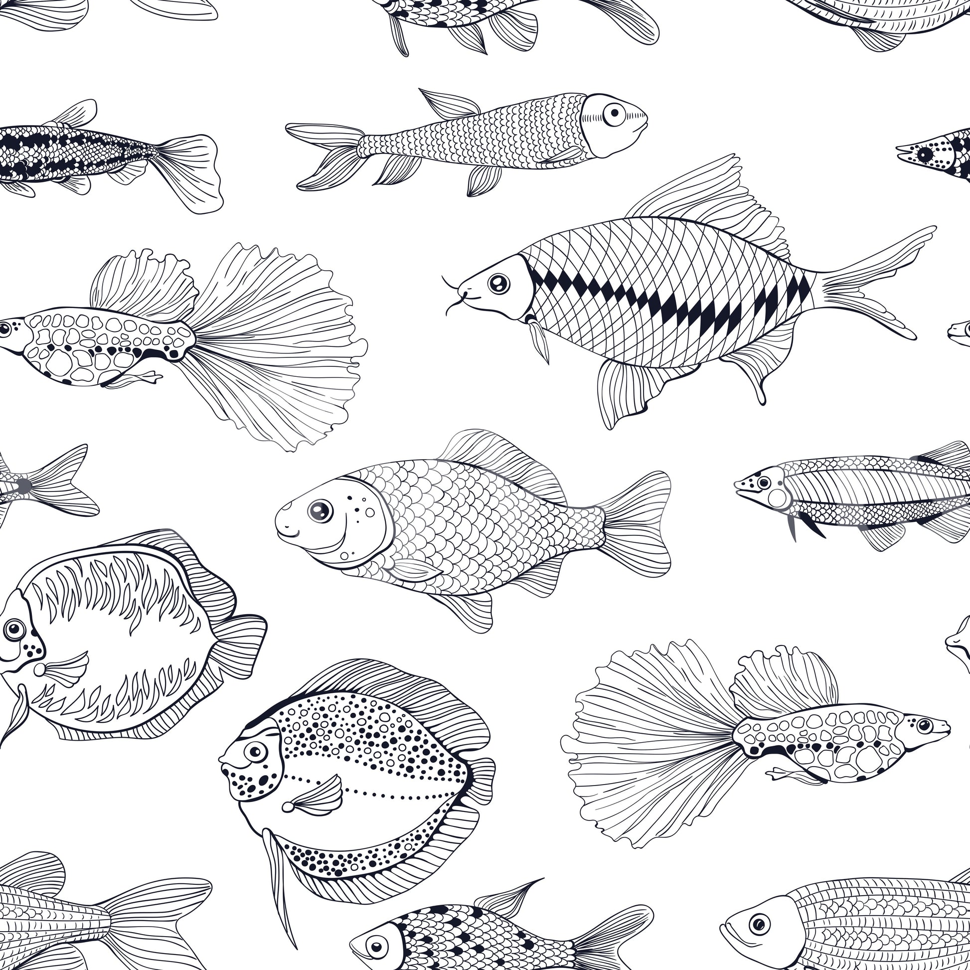 Ocean Line Art Wallpaper featuring fish motifs in a simple monochrome layout