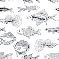 Ocean Line Art Wallpaper featuring fish motifs in a simple monochrome layout