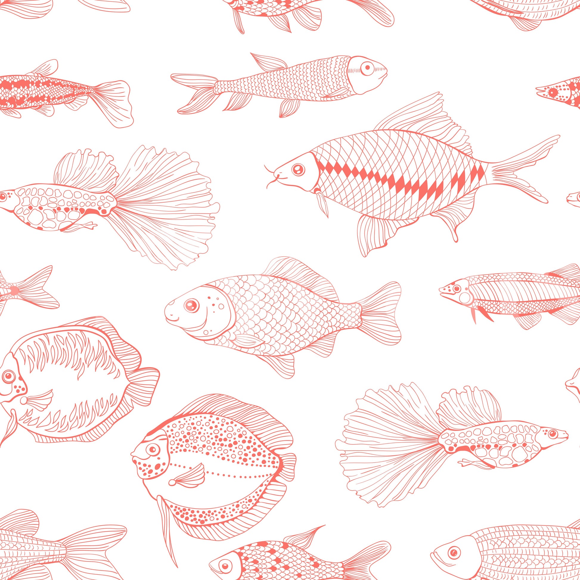 Detailed hand-drawn wallpaper with fish motifs and a white open ground