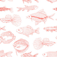 Detailed hand-drawn wallpaper with fish motifs and a white open ground