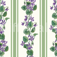 Botanical stripe wallpaper with violets, leafy stems, and green bands