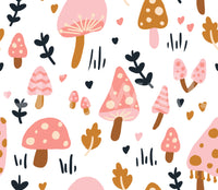 Playful pink, ochre, and cream palette across Sweet Mushrooms wallpaper
