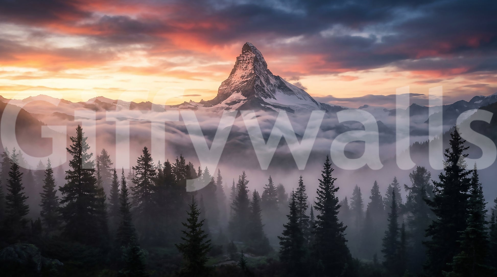 Scenic alpine wall mural with a dramatic peak and soft valley haze
