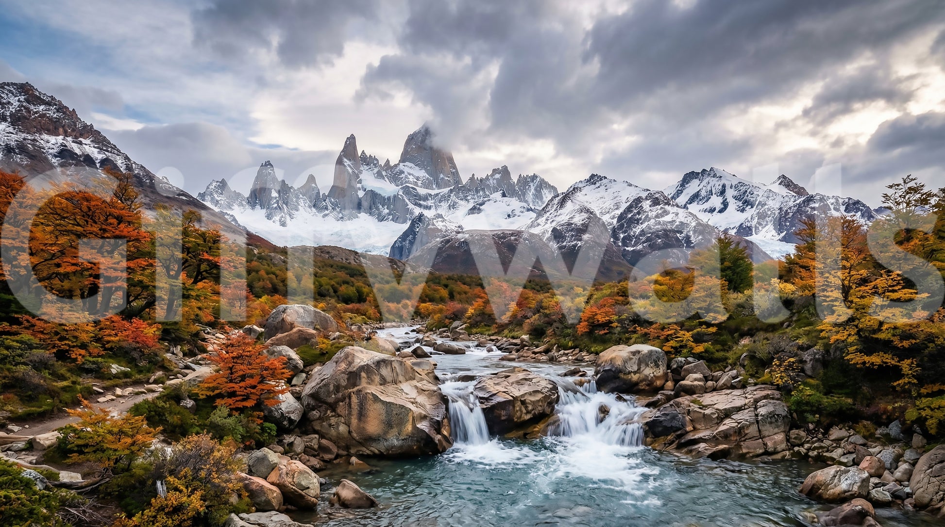 River mountain wall mural with Fitz Roy peaks, boulders, and fall foliage