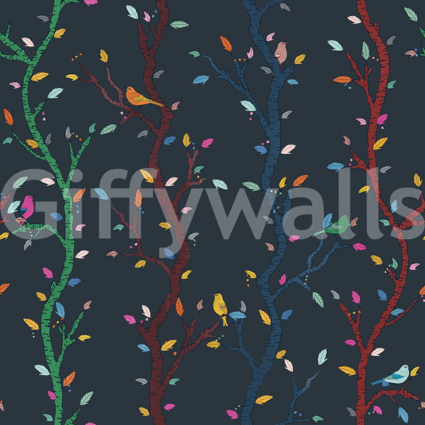 Forest bird wallpaper with organic branch lines and a playful repeat
