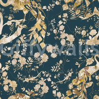Delicate blossoms frame this dark bird wallpaper with a classic feel