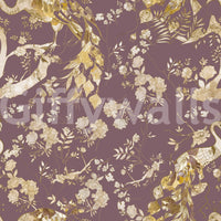 Gold-lined branches add detail to this plum bird wallpaper with soft florals