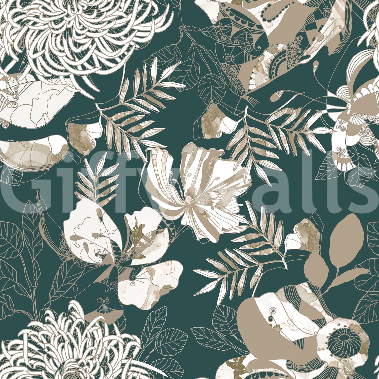 Pine green Deco wallpaper with stylised poppy and palm outlines