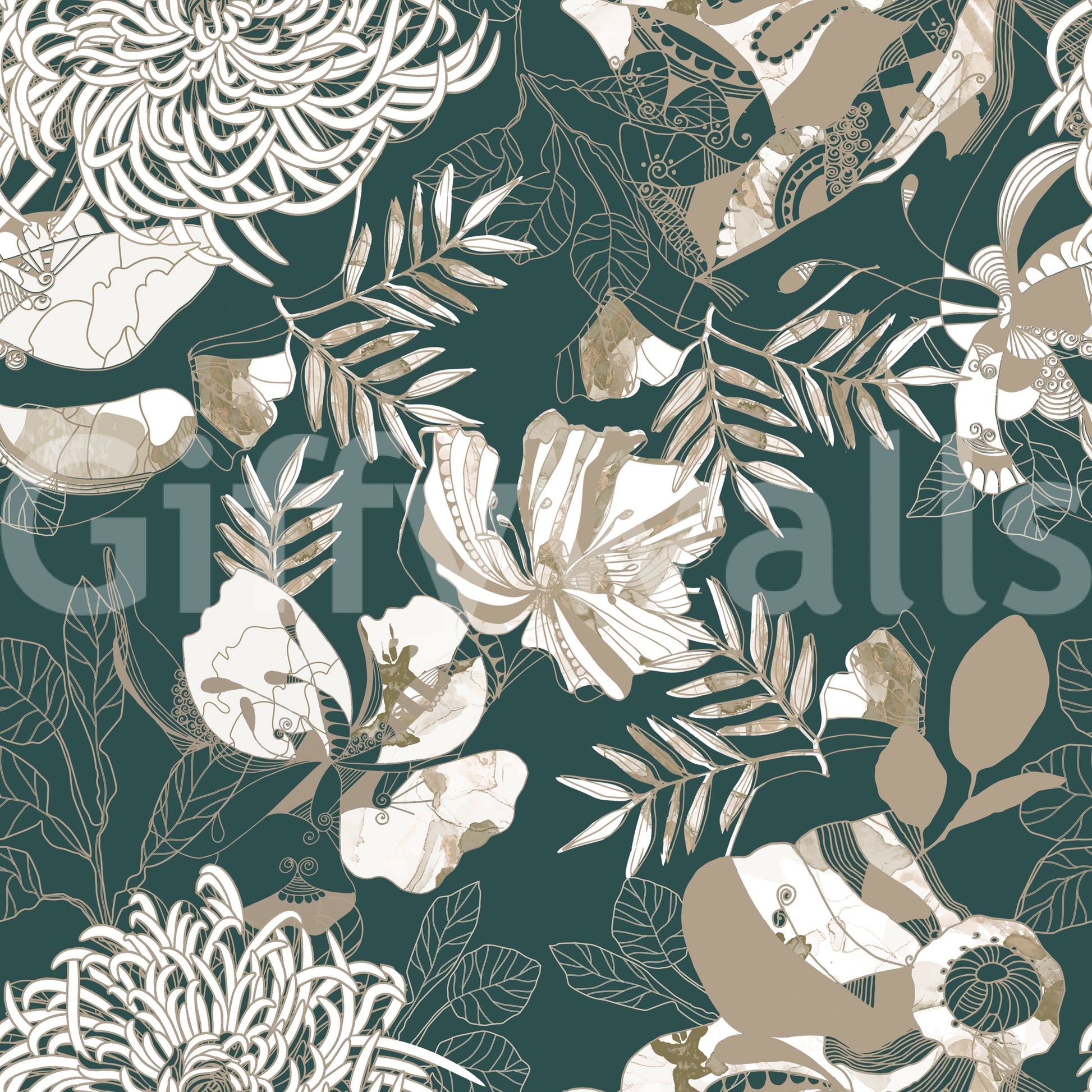 Pine green Deco wallpaper with stylised poppy and palm outlines