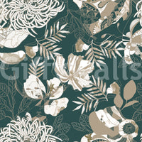 Pine green Deco wallpaper with stylised poppy and palm outlines