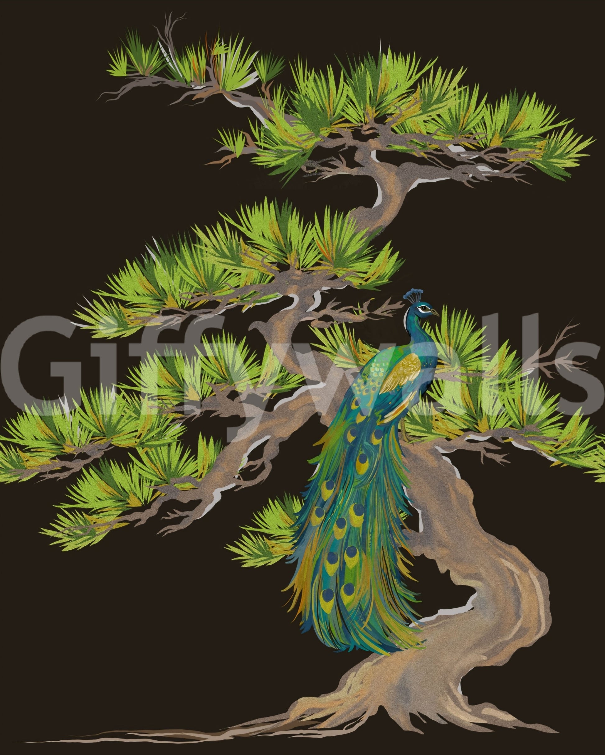 Japanese-style peacock wall mural with bonsai pine on black ground
