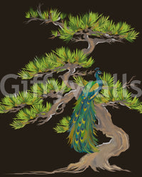 Japanese-style peacock wall mural with bonsai pine on black ground