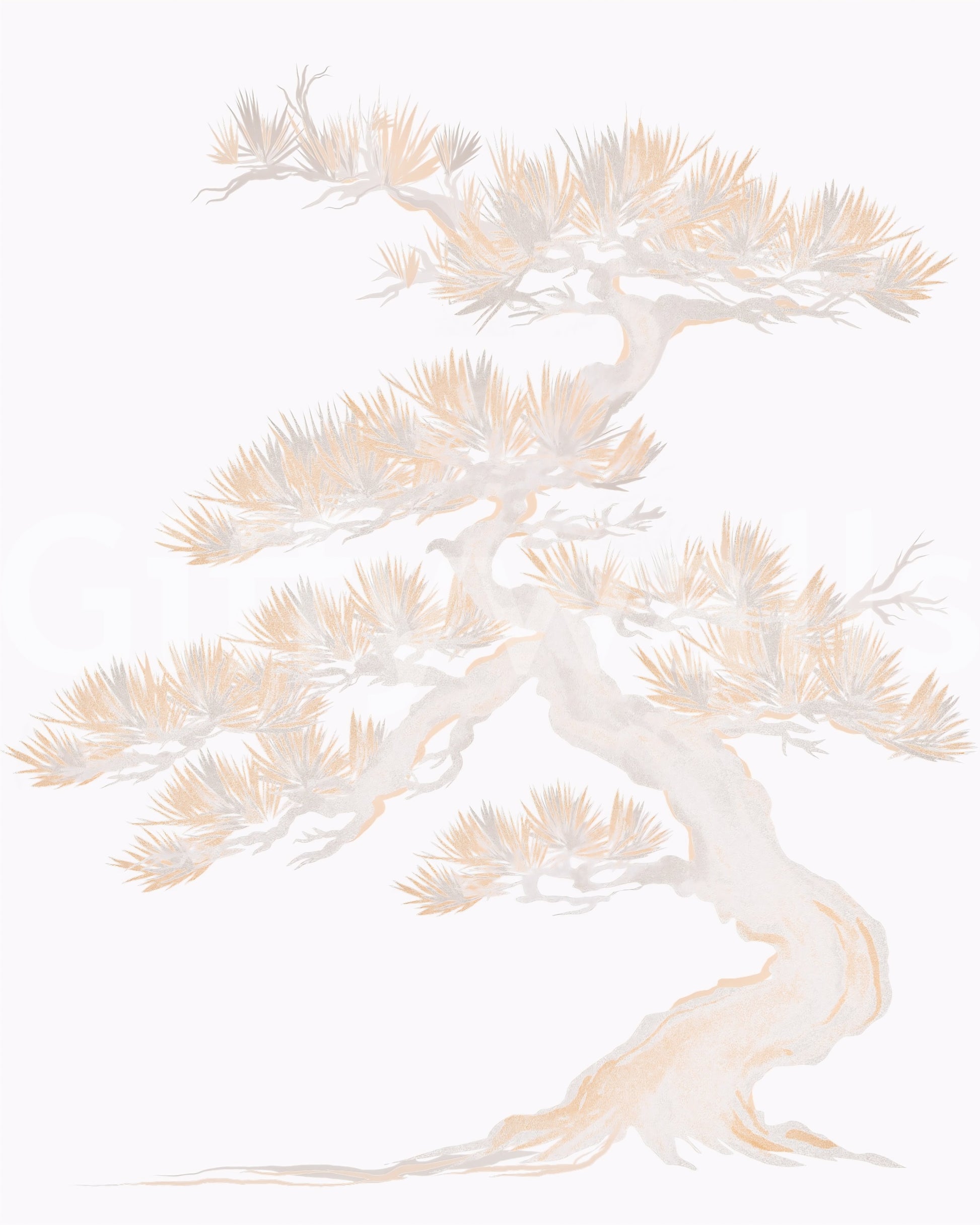 Pastel Japanese pine wall mural showing overlapping branches in warm gold tones