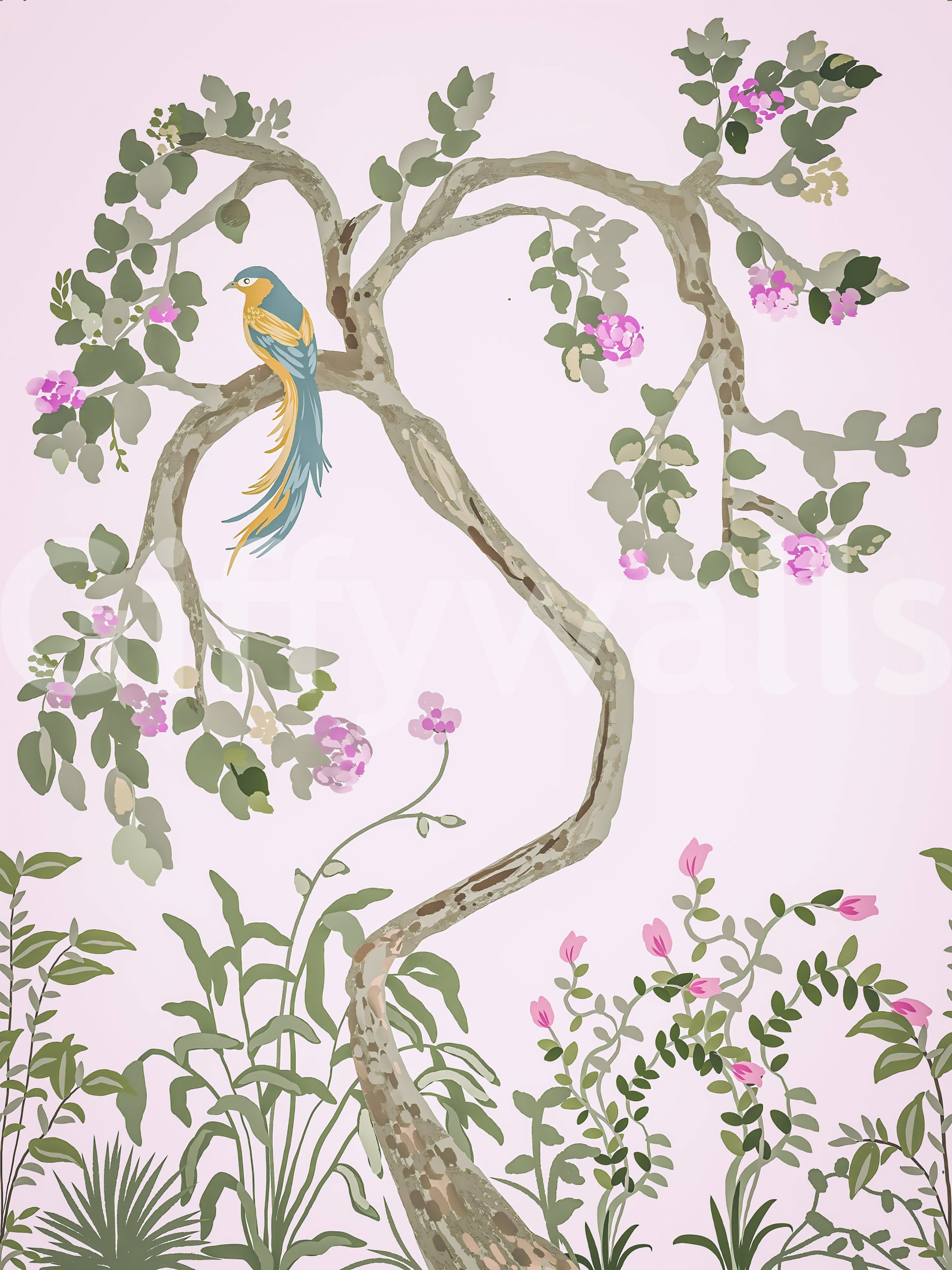 Full panel view of the chinoiserie bird wallpaper, floor-to-ceiling in pale pink