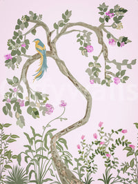 Full panel view of the chinoiserie bird wallpaper, floor-to-ceiling in pale pink