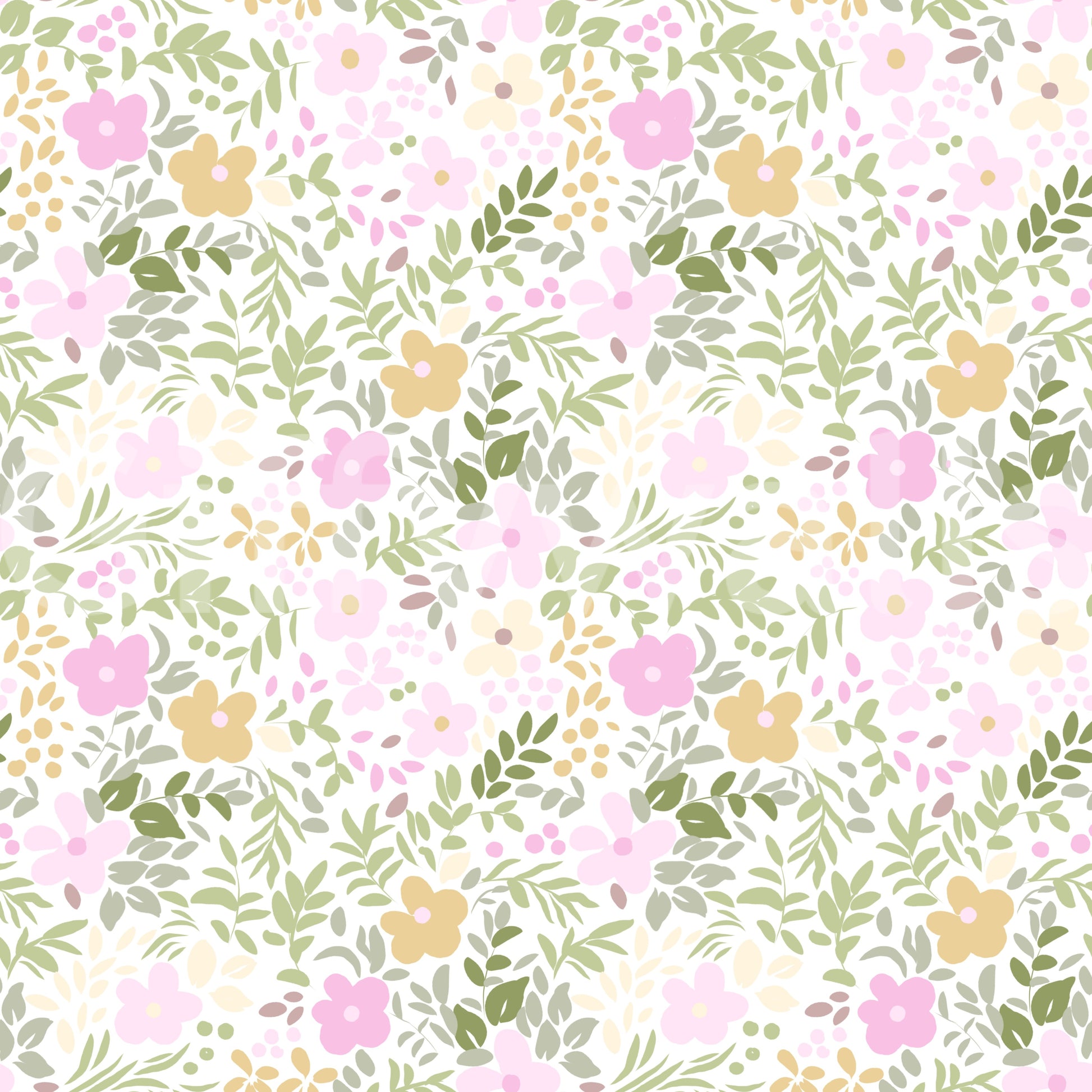 Botanical repeat wallpaper in spring blossom pink, gold, and green palette