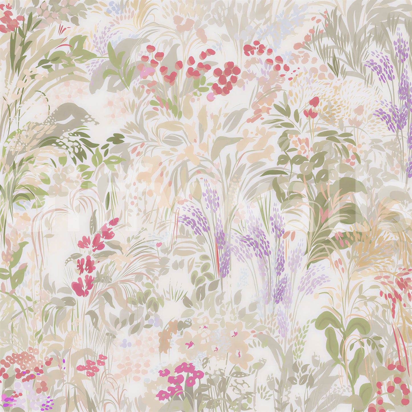 Cream ground with layered botanical blooms on the Dreamy Wildflower wall mural