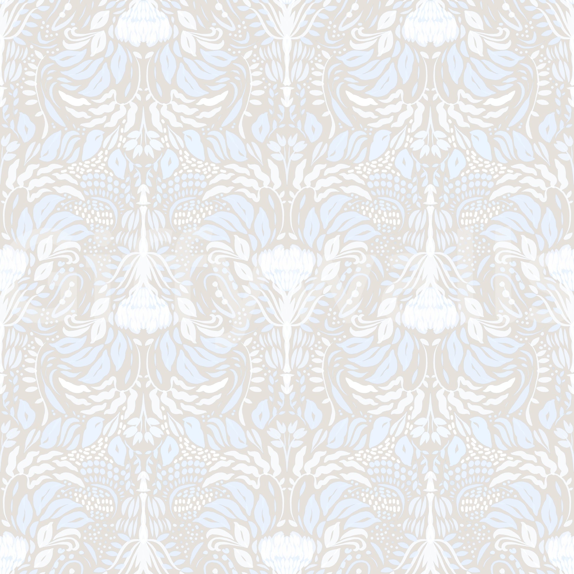 Whisper-pale floral wallpaper with cottagecore bloom patterning in blue and cream