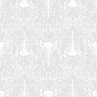 Whisper-pale floral wallpaper with cottagecore bloom patterning in blue and cream