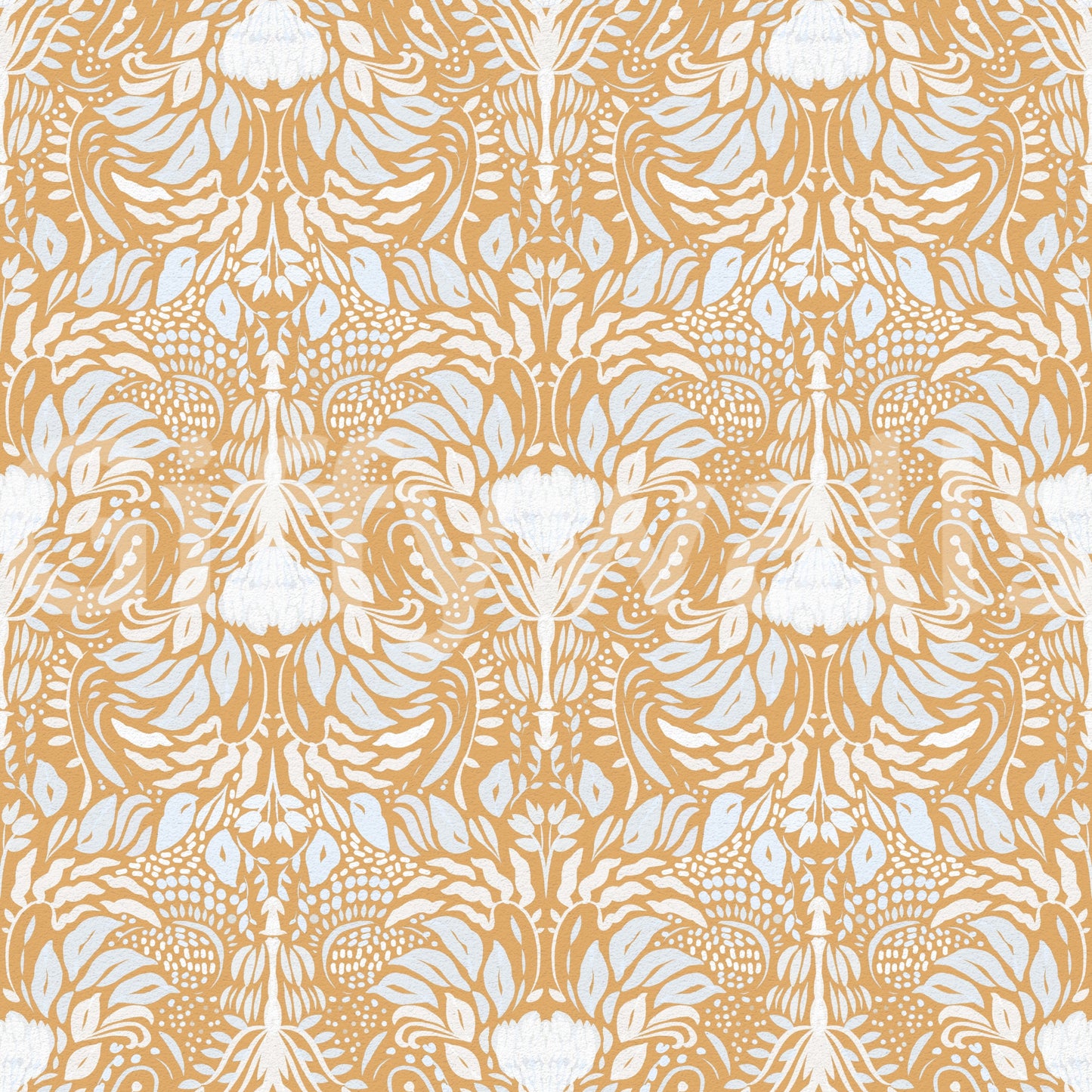 Dotted seed heads and arching stems on the golden folk floral wallpaper