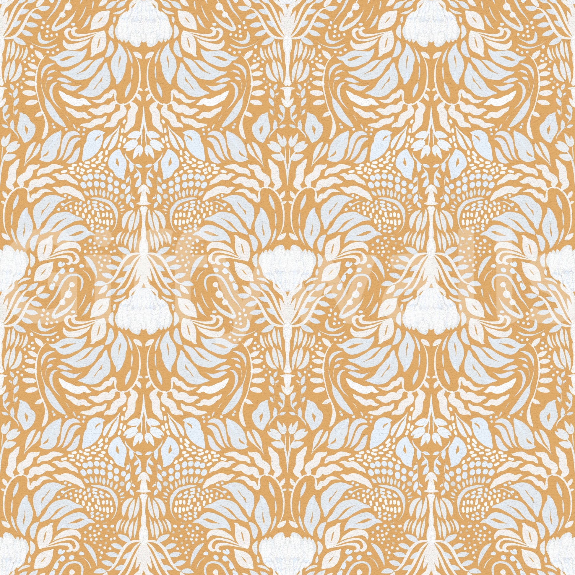 Dotted seed heads and arching stems on the golden folk floral wallpaper