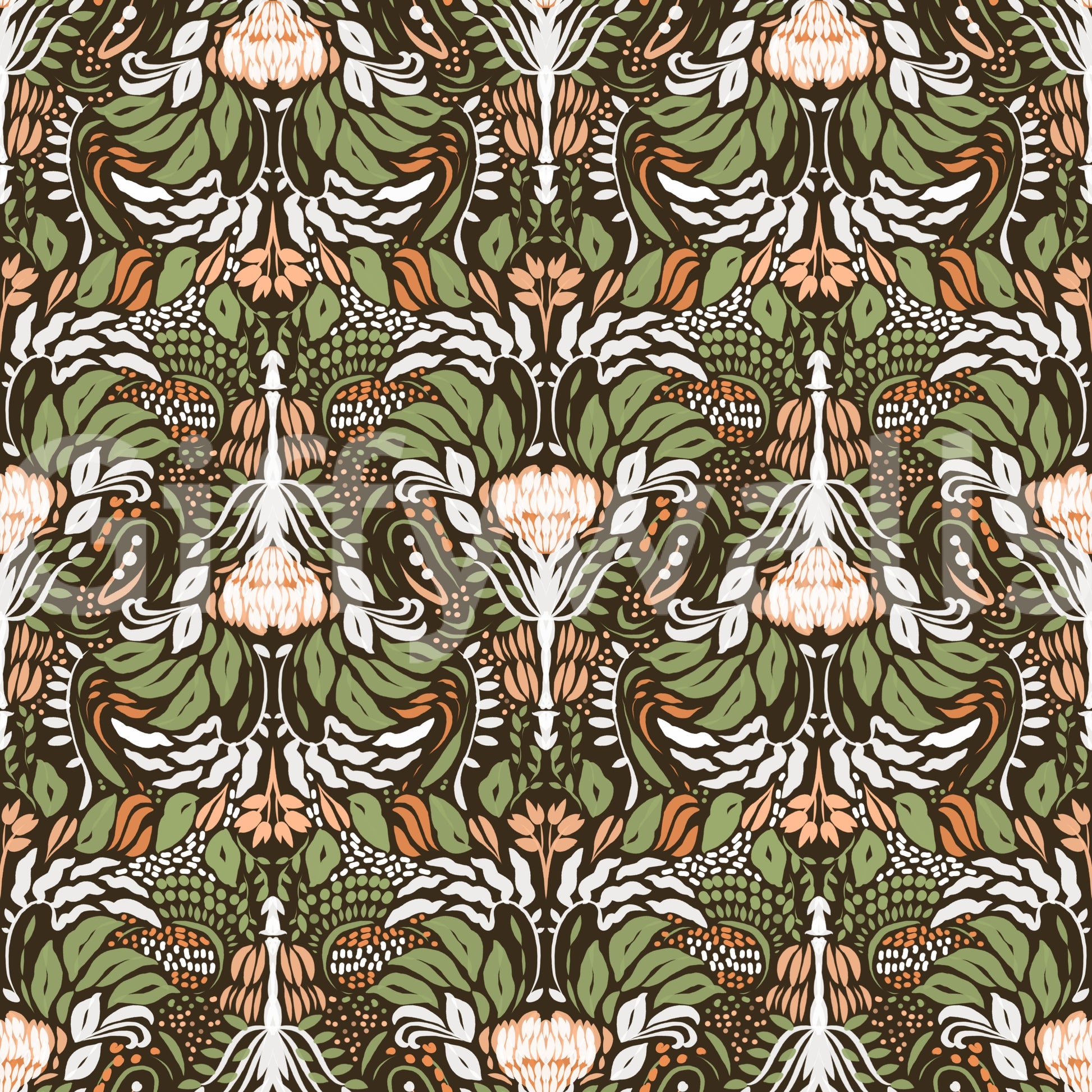 Layered olive foliage and peach accents in botanical wallpaper