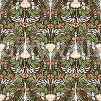 Layered olive foliage and peach accents in botanical wallpaper