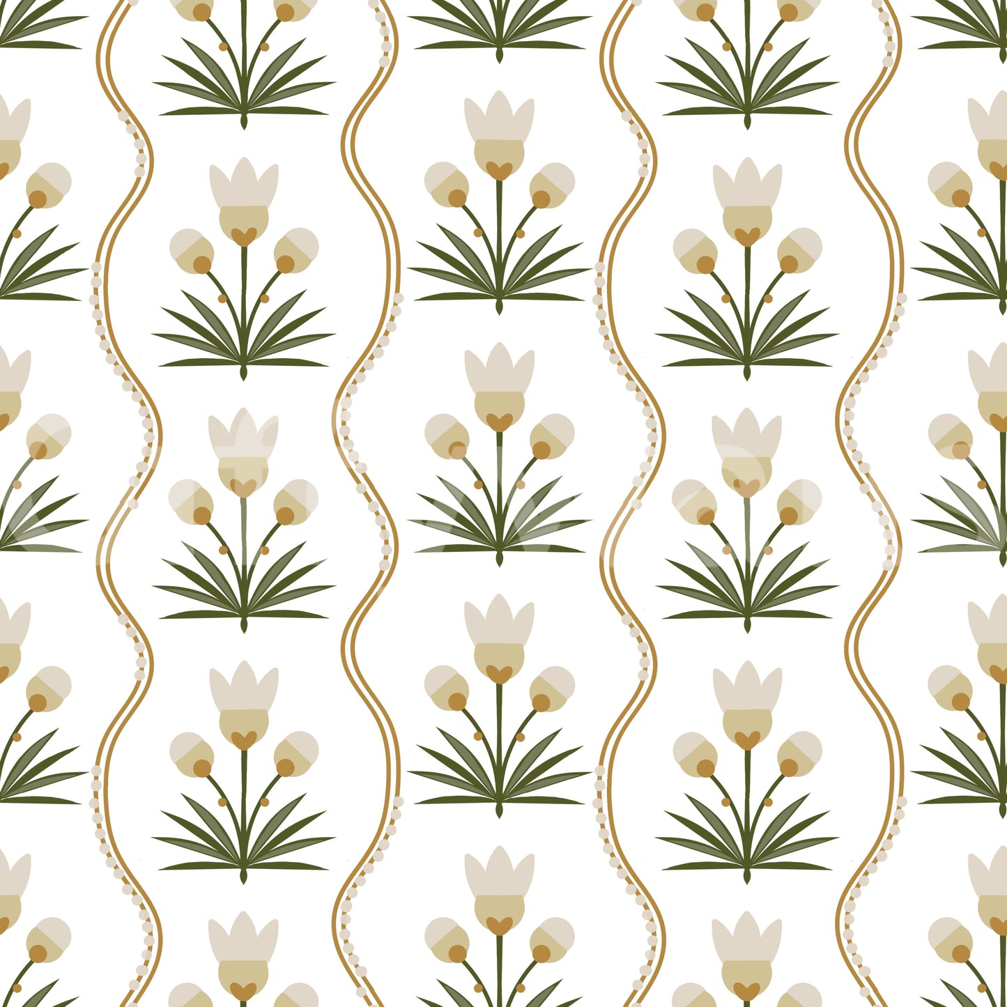 Folk-style wallpaper with tulip clusters and vertical gold scrollwork