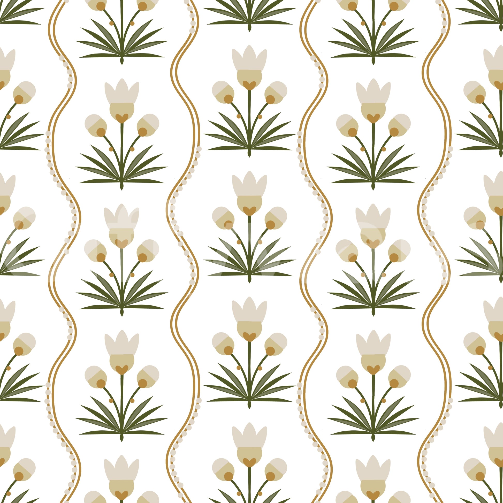 Folk-style wallpaper with tulip clusters and vertical gold scrollwork