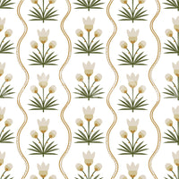 Folk-style wallpaper with tulip clusters and vertical gold scrollwork