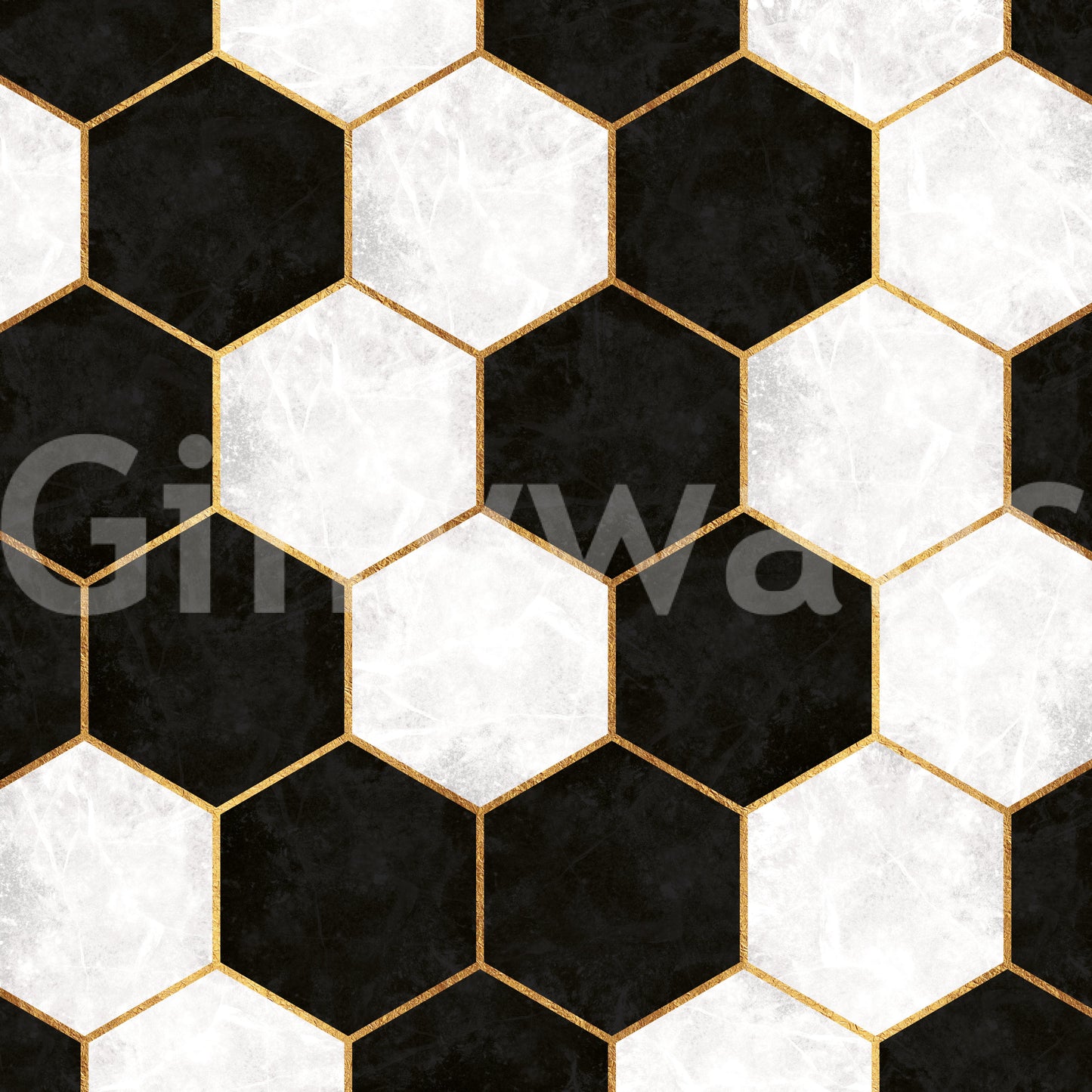 Luxe wall mural featuring repeating hexagons in black, white and gold tone