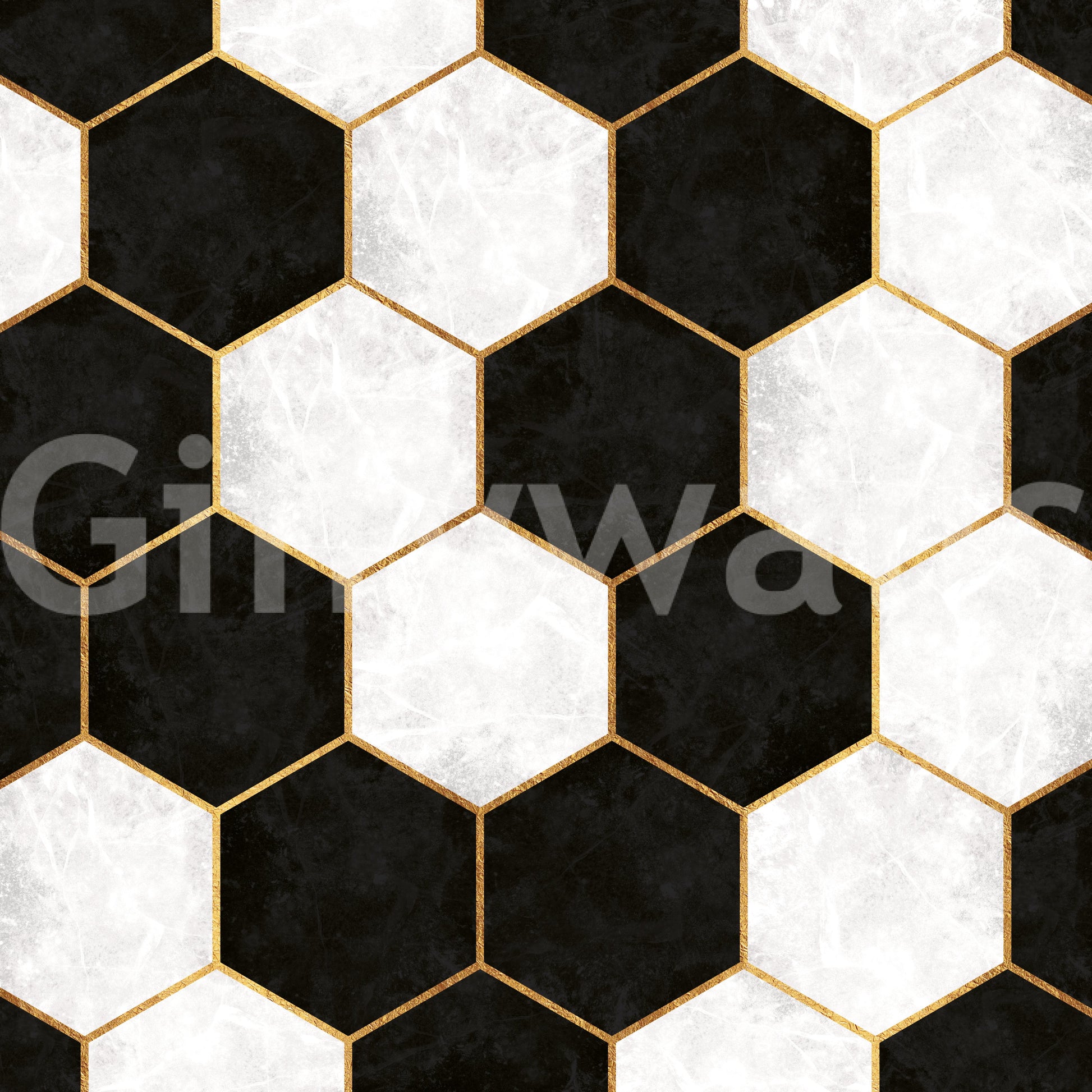 Luxe wall mural featuring repeating hexagons in black, white and gold tone