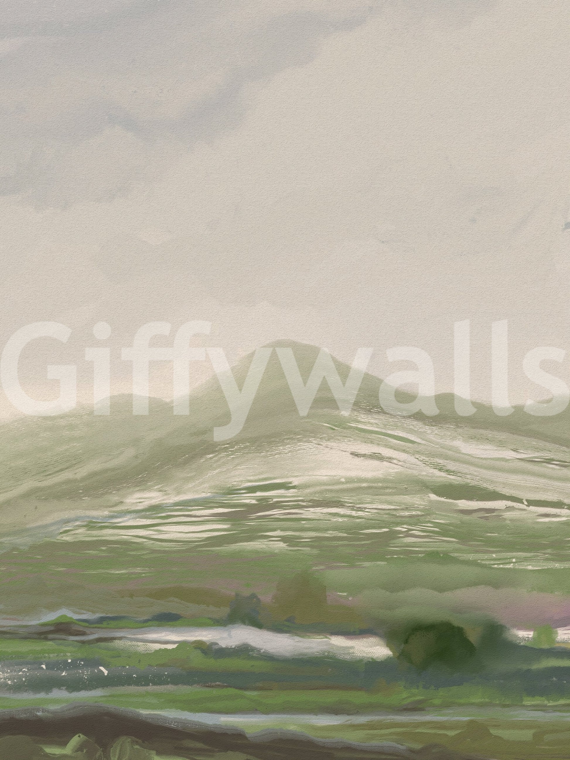 Sage green ridges and a soft horizon line define the pastoral landscape wall mural