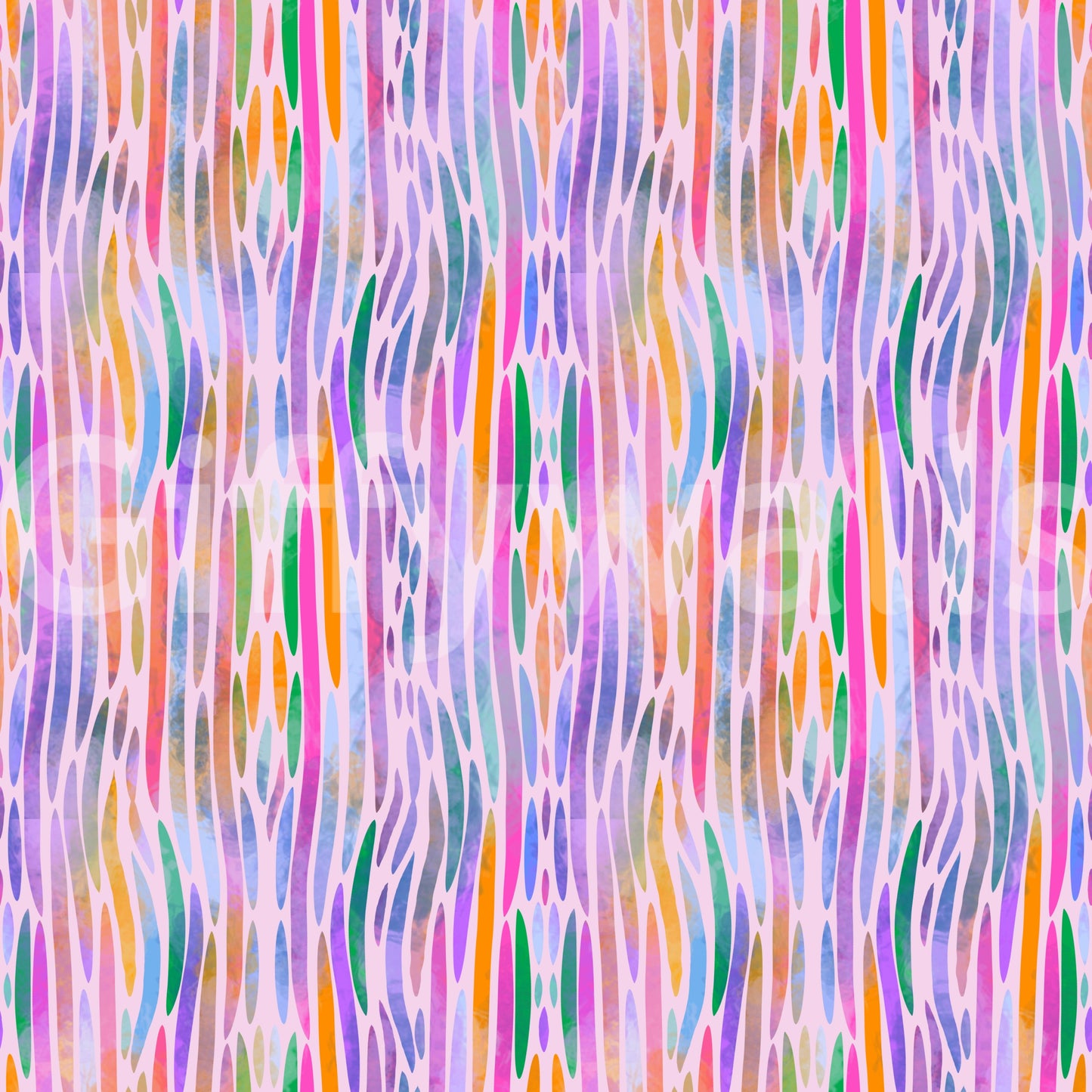 Pink, magenta and turquoise threads flow through the multicolor rainbow pattern wallpaper