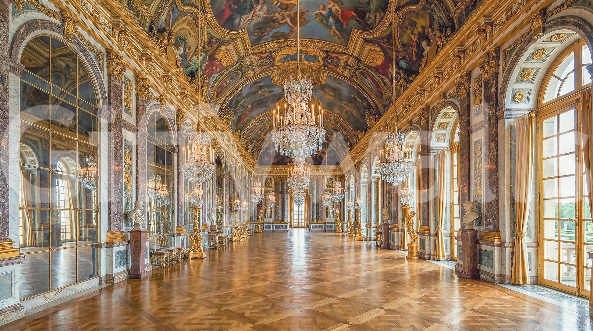 Deep blue ceiling canvases on the Versailles Palace Hall of Mirrors wall mural