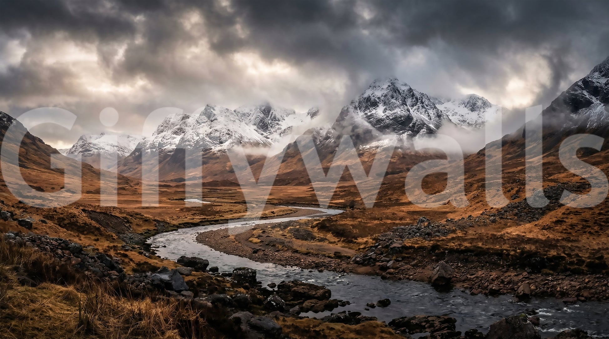 Dramatic overcast sky detail across the Rugged Mountain Flow wall mural surface