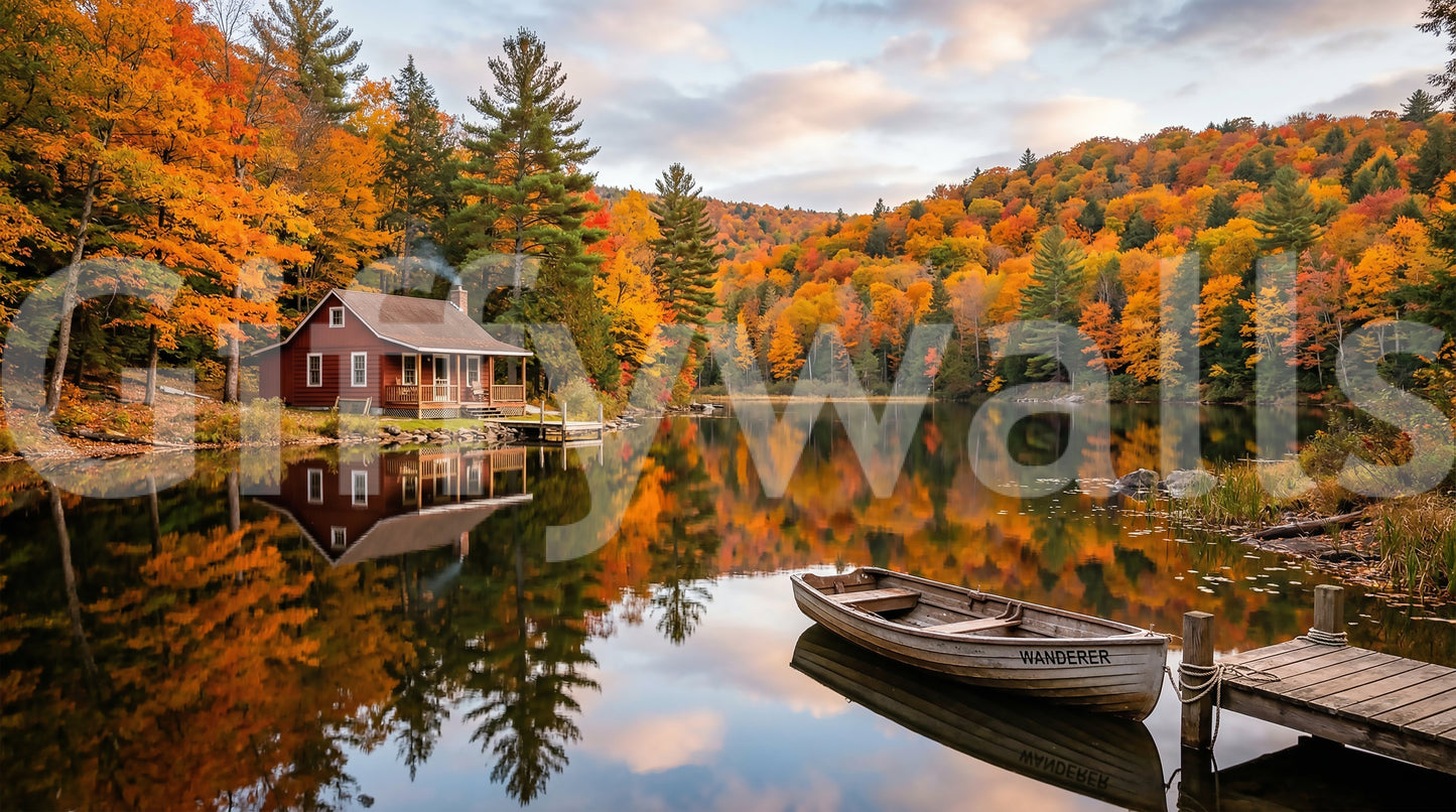 Still lake mirror reflection in the Autumn Lakeside Dream wall mural surface