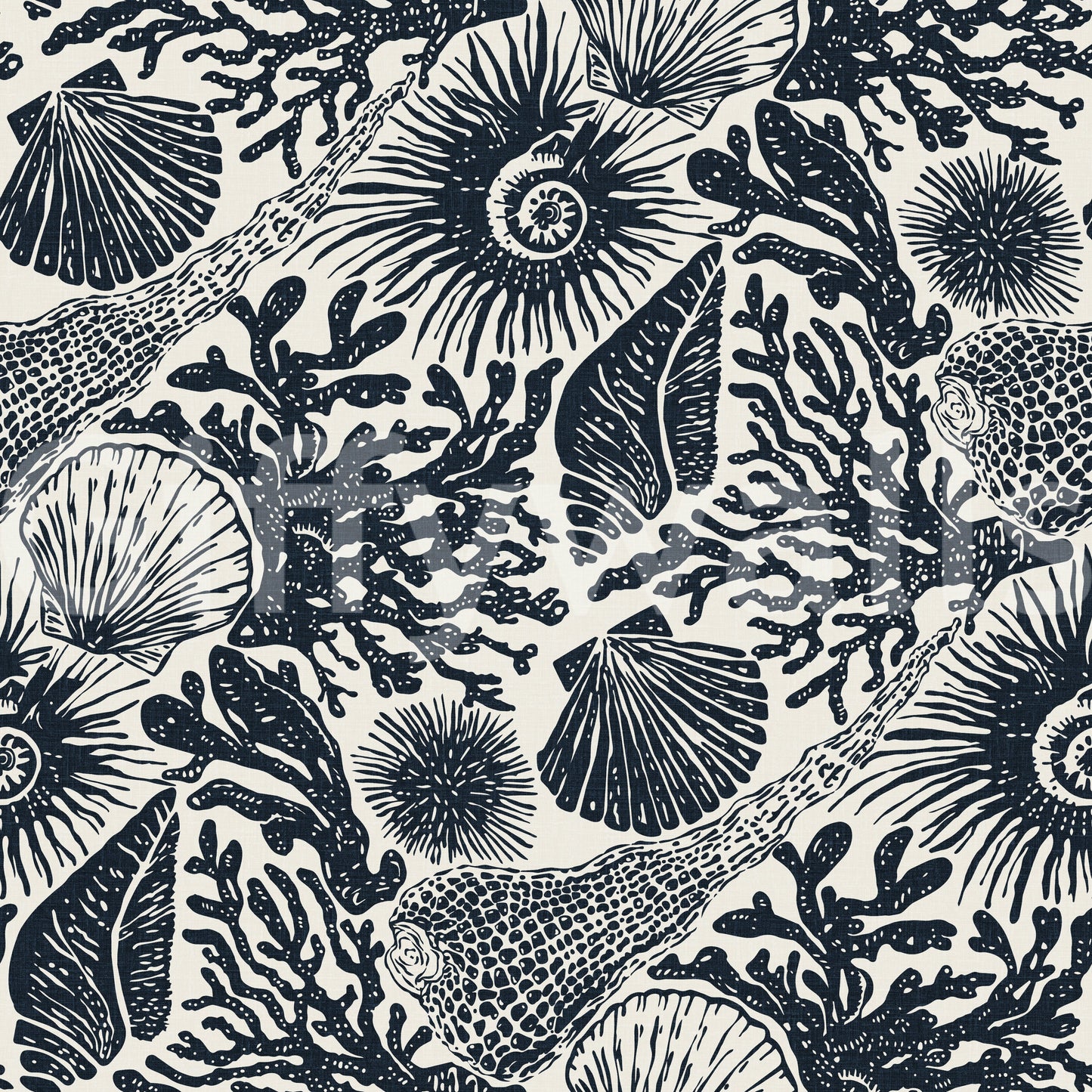 Hand-etched line detail of the Midnight Blue Seashell Coral wallpaper surface