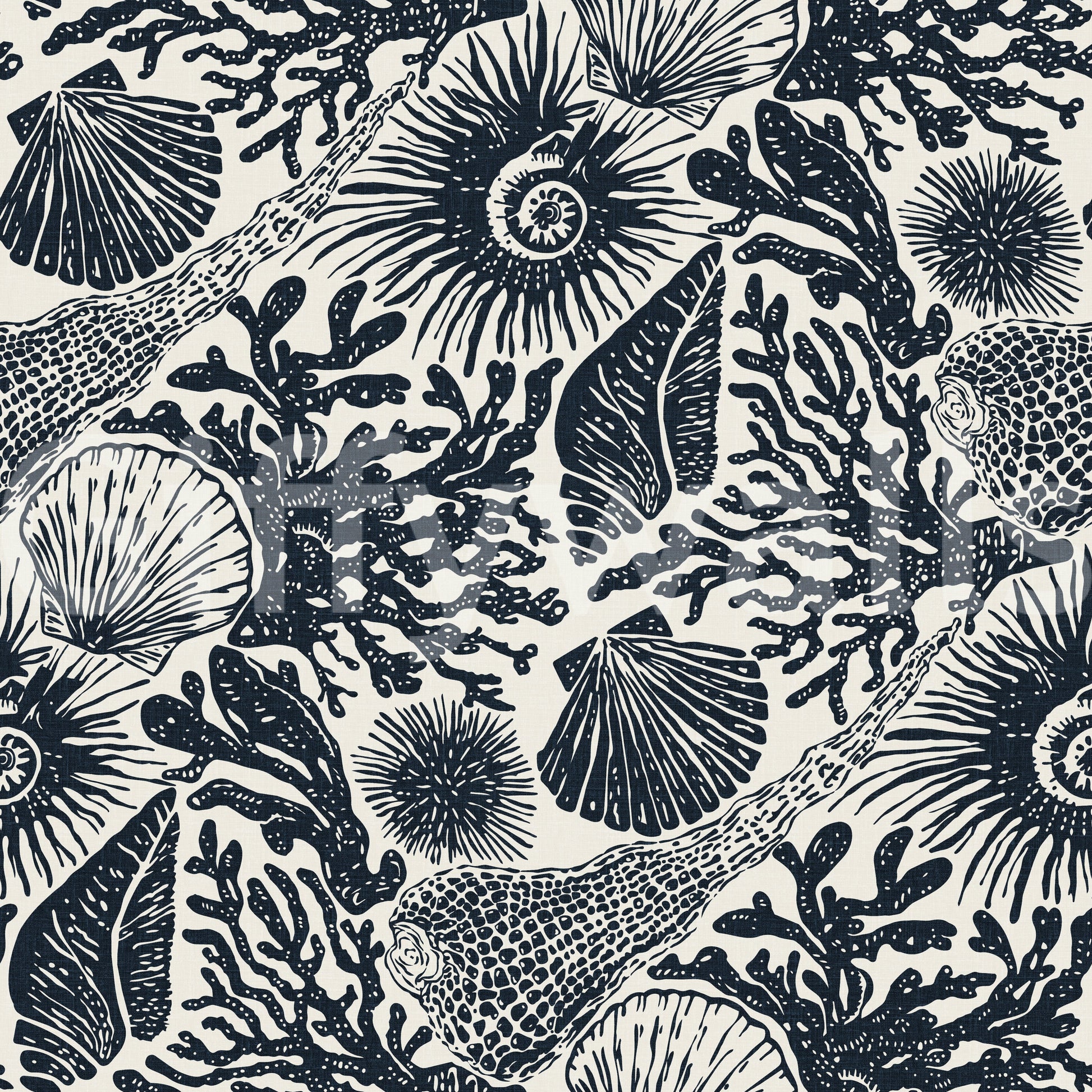 Hand-etched line detail of the Midnight Blue Seashell Coral wallpaper surface