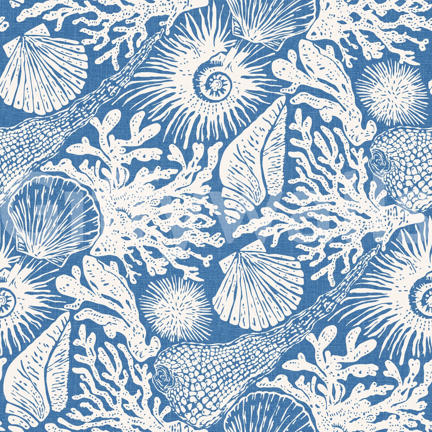 Organic white fish and shell forms spread across the denim blue boho wallpaper