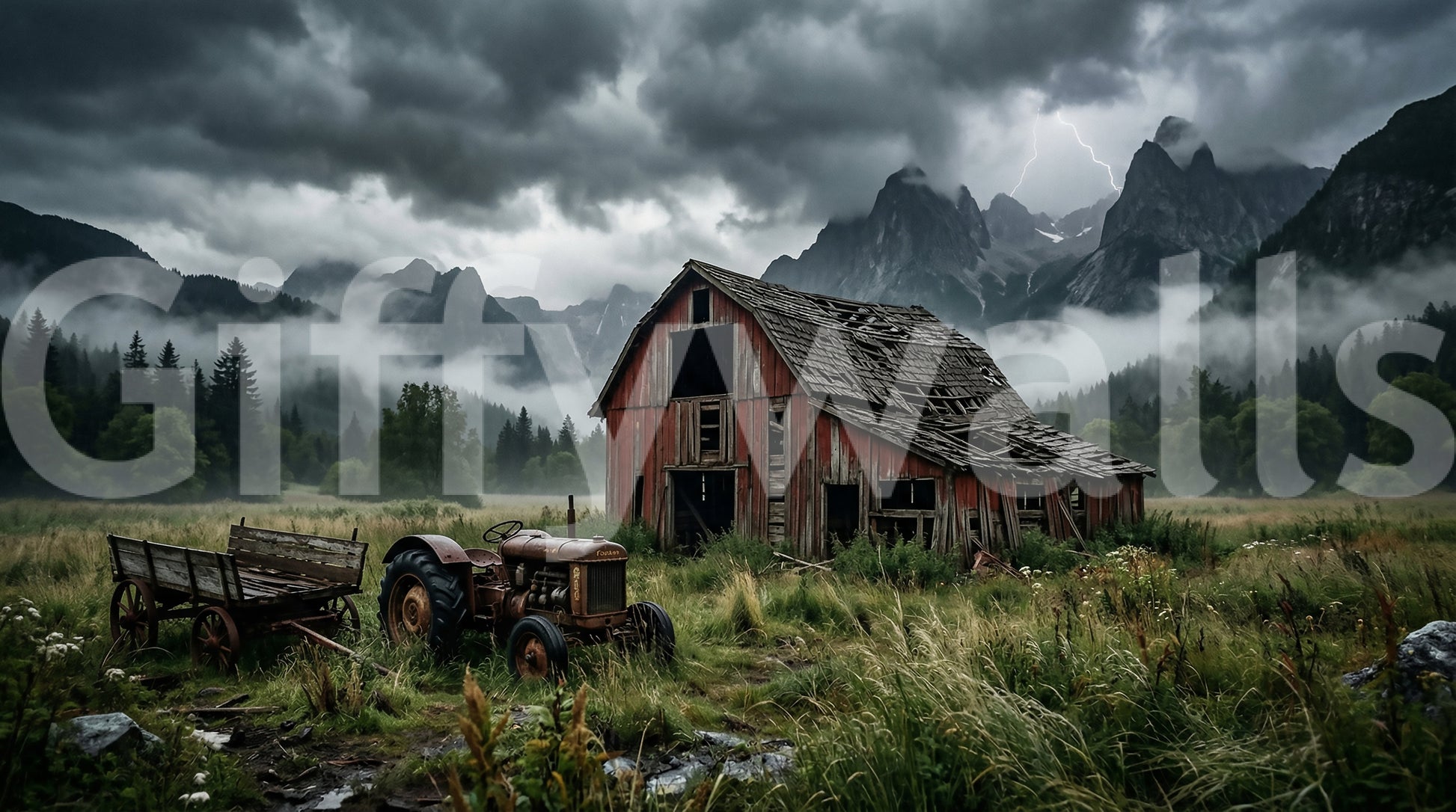 Mist-wrapped pine forest framing the valley on Rustic Thunder wall mural
