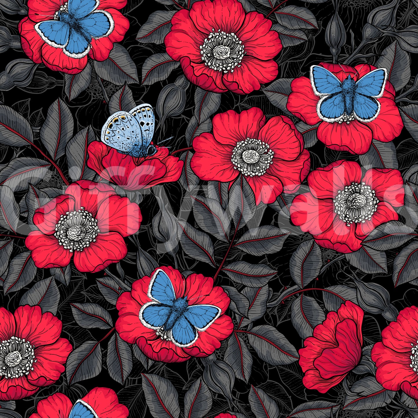 Dog Rose and Butterflies – Red and Blue Floral Colored Line Art on Red Background Wallpaper⁠