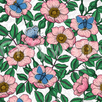 Pink petals and golden centers on Floral Dog Rose Butterflies wallpaper