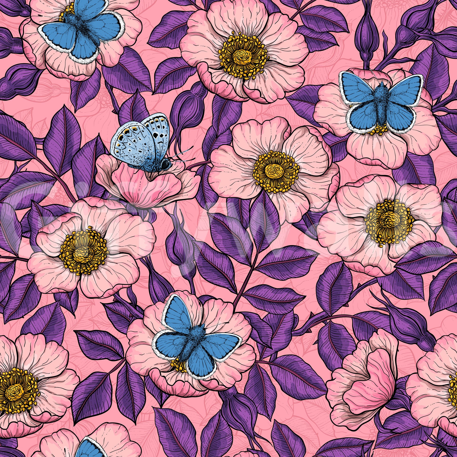 Open golden centres punctuate the pink and purple dog rose butterfly wallpaper