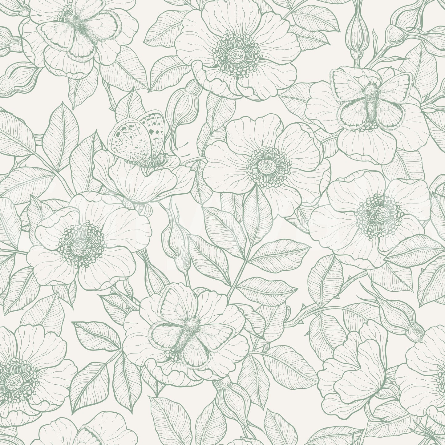 Off-white base balancing the green floral linework wallpaper repeat