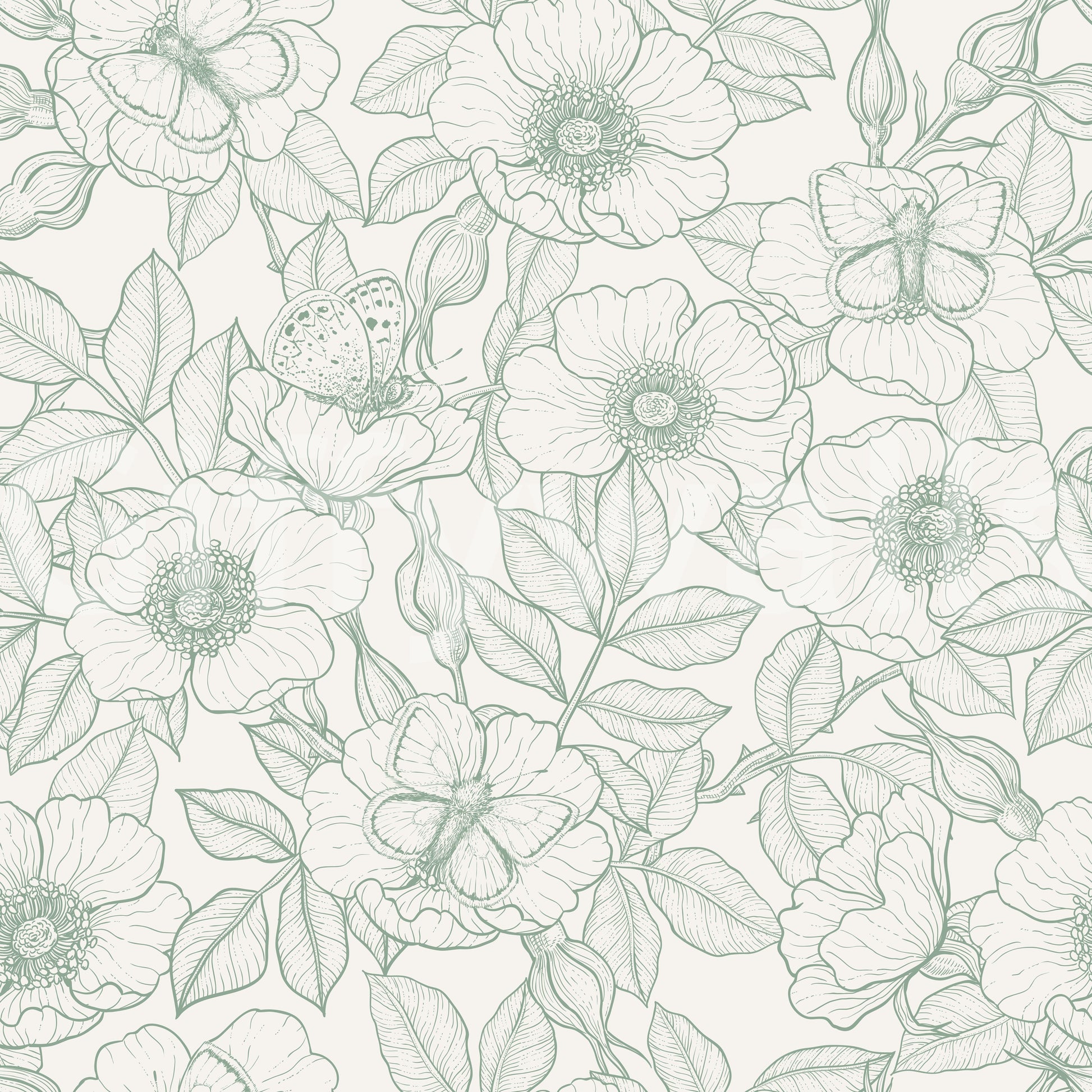 Off-white base balancing the green floral linework wallpaper repeat