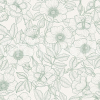 Off-white base balancing the green floral linework wallpaper repeat