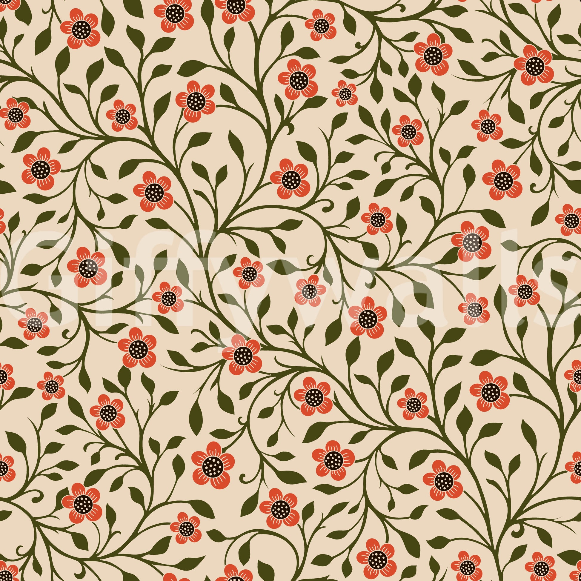 Trailing vines and orange blooms pattern the Folk Floral Vines wallpaper